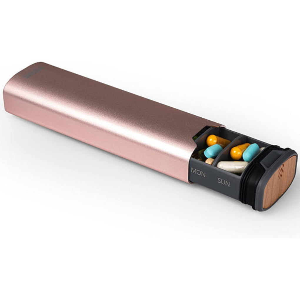 7-Tage-Pillenbox – Stilvoller Organizer aus Aluminium und Holz
