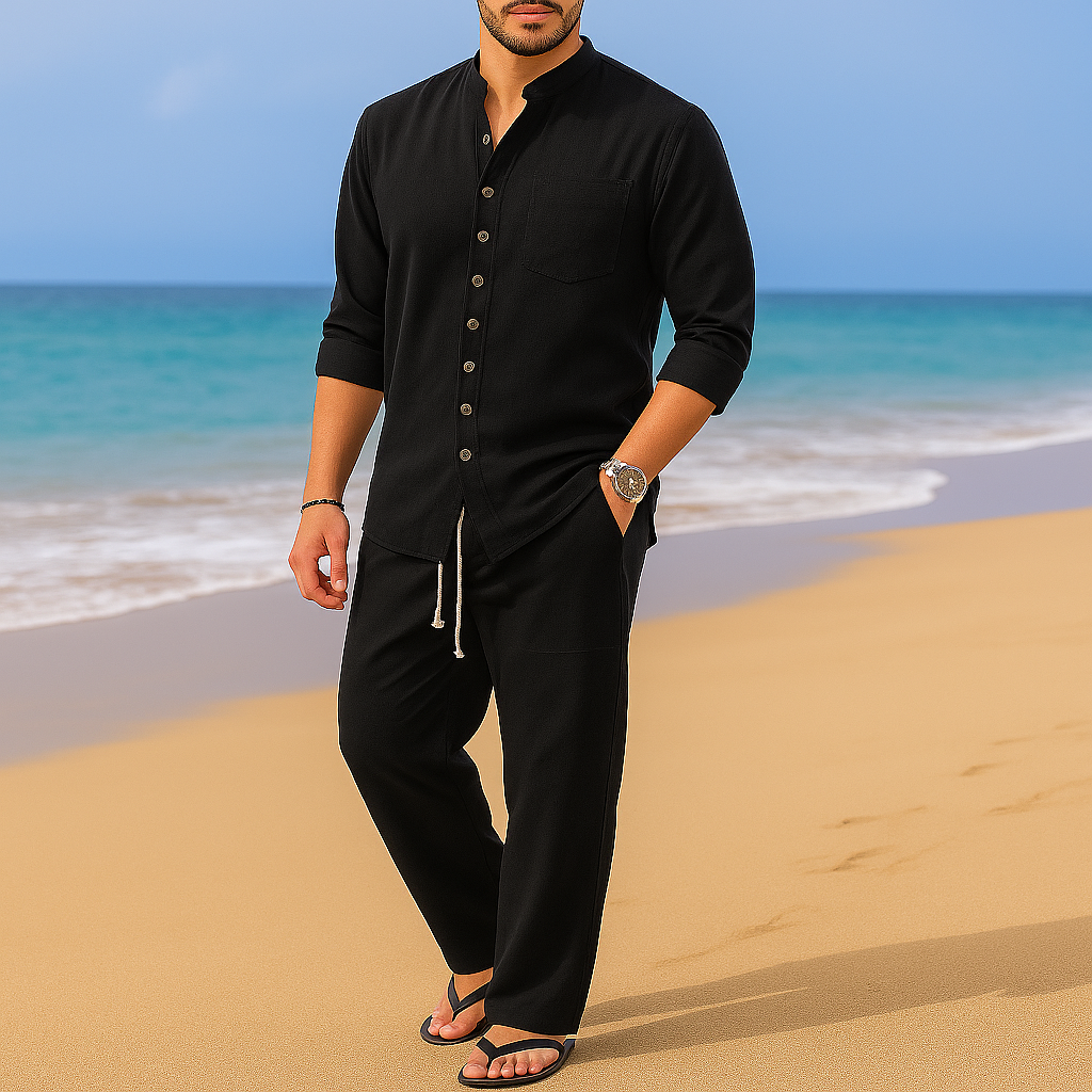 Herren Vintage Pulloverhemd aus Baumwoll-Leinen-Mischgewebe