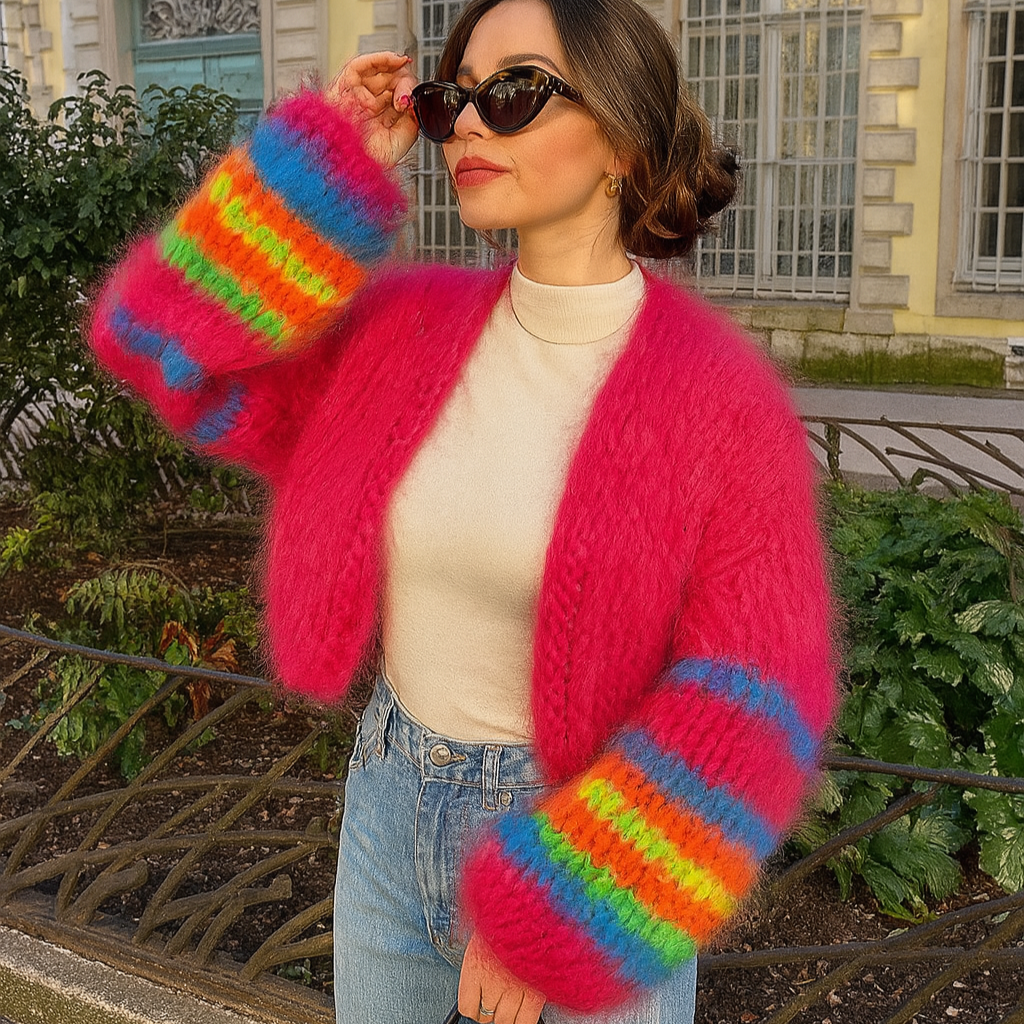 Damen-Strickjacke mit Streifen und offenem Vorderteil