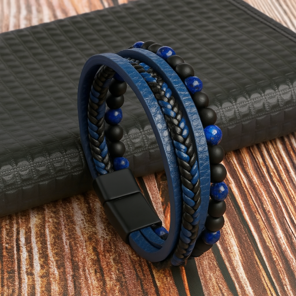 Herren-Mehrschichtarmband aus Leder und Steinperlen