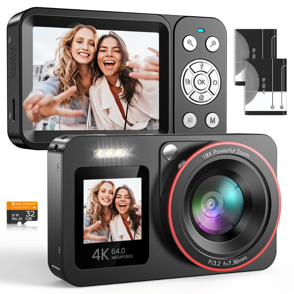 4K 64MP Digital Camera Dual Screen Selfie, 18X Zoom, 32GB Card & 2 Batteries for Beginners YouTube Vlog, Kentfaith