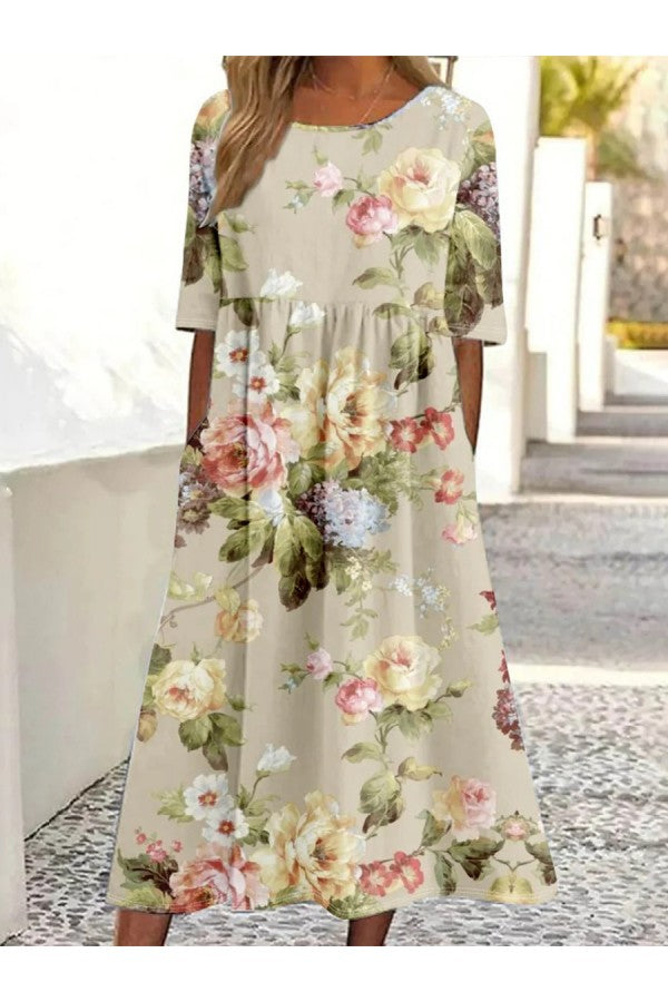 Khaki Midikleid mit Rundhalsausschnitt und kurzen Ärmeln