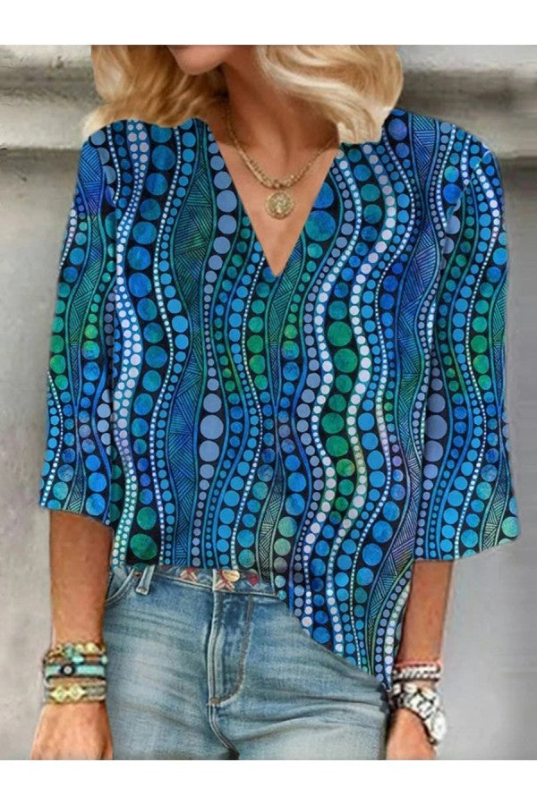 Bluse mit abstraktem Polka-Dot-Print, V-Ausschnitt und 3/4-Ärmeln