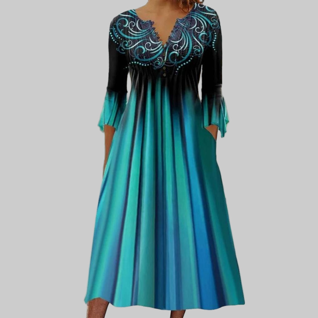 Grünes Ombré-Streifenkleid mit V-Ausschnitt und 3/4-Ärmeln – Lässiger Farbverlauf