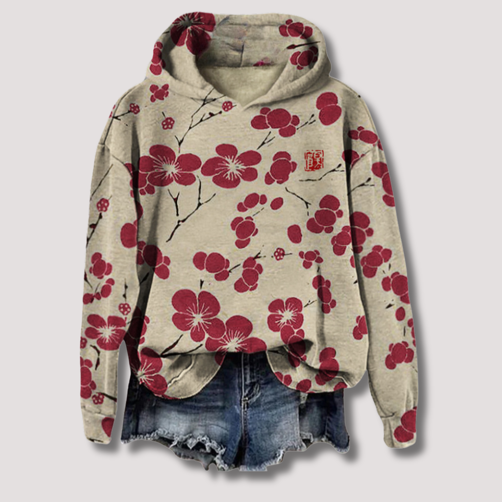 Leichter Pullover mit Blumenmuster und Kapuze