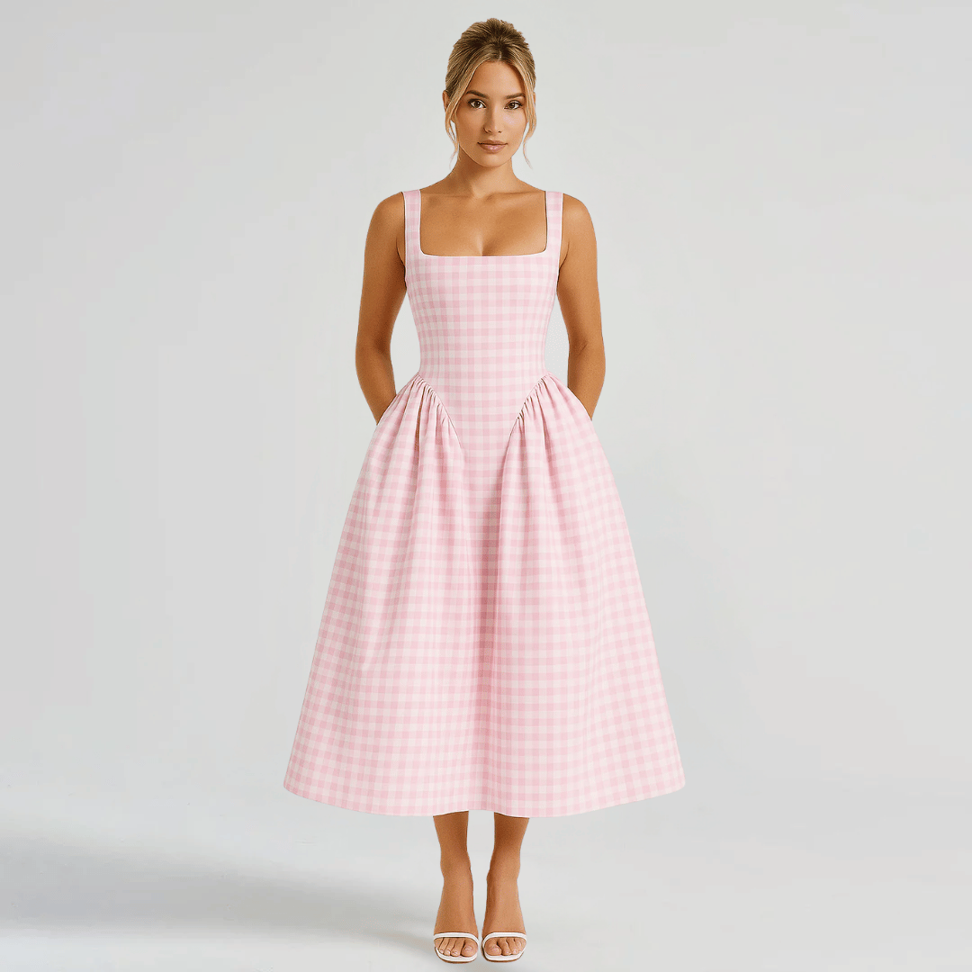 Midikleid mit Karomuster und quadratischem Ausschnitt