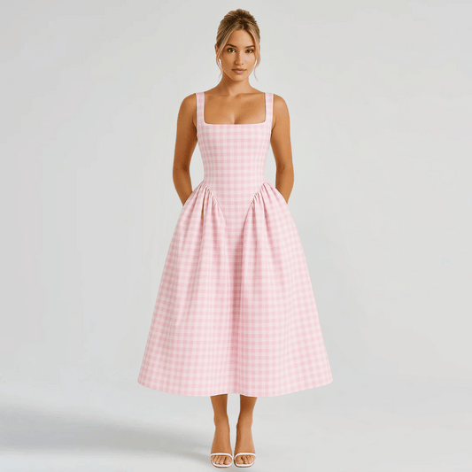 Midikleid mit Karomuster und quadratischem Ausschnitt