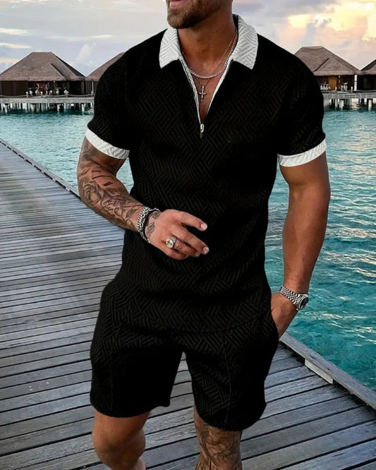 Lässiges Sommer-Trainingsanzug-Outfit mit Reißverschlusskragen