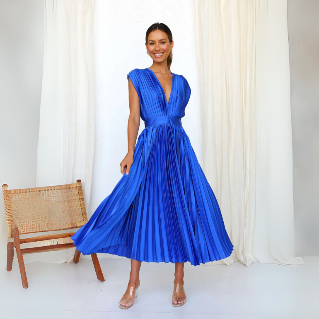 Plissiertes, fließendes Maxikleid mit V-Ausschnitt