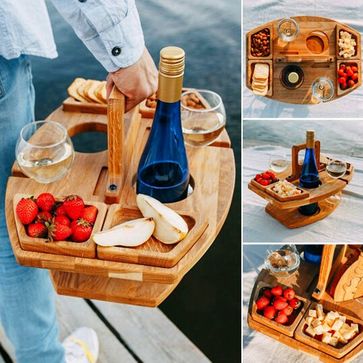 Tragbarer Holz-Picknick-Weintisch mit integriertem Flaschen- und Glashalter