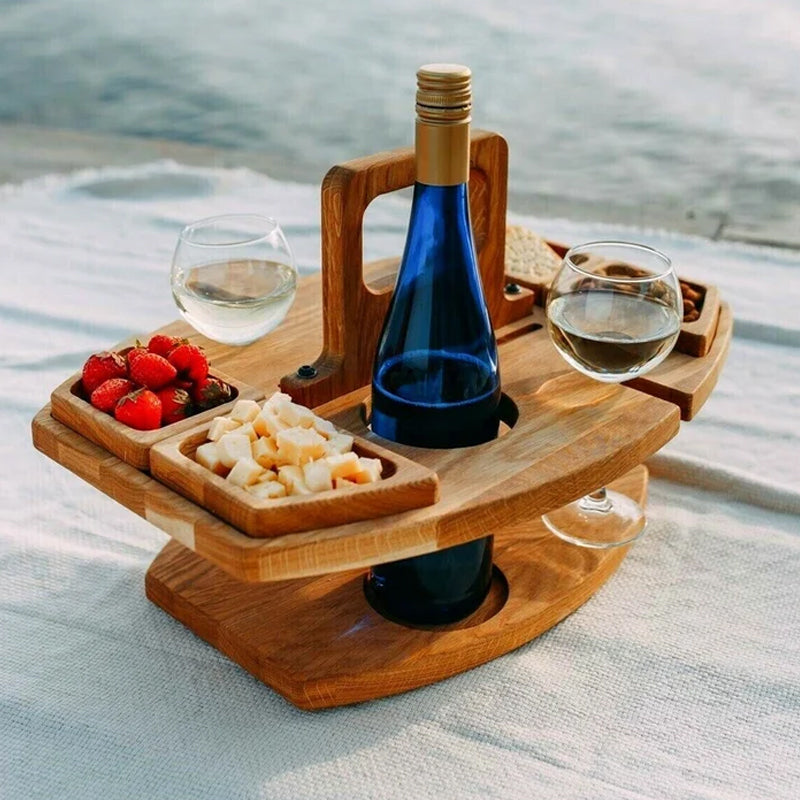 Tragbarer Holz-Picknick-Weintisch mit integriertem Flaschen- und Glashalter