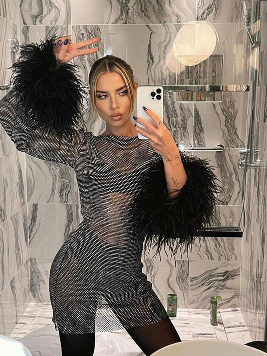 Esmee | Transparante feestjurk met veren Farromode afbeelding 9