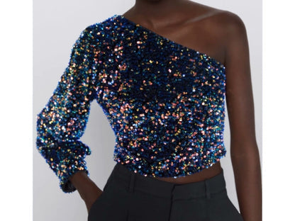 Fleur Glitter One Shoulder Top Farromode afbeelding 2