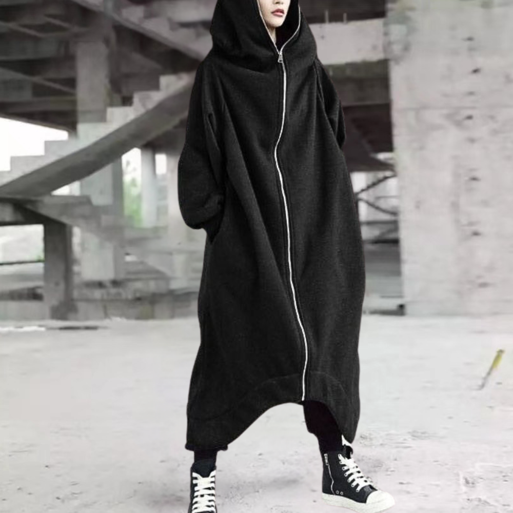Oversize Damenmantel mit Kapuze und Reißverschluss