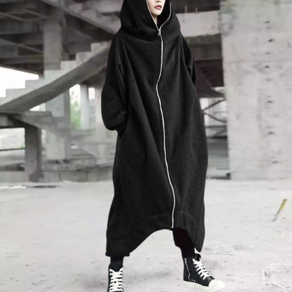 Oversize Damenmantel mit Kapuze und Reißverschluss