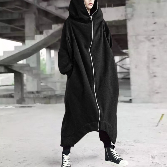Oversize Damenmantel mit Kapuze und Reißverschluss