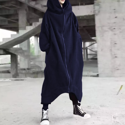 Oversize Damenmantel mit Kapuze und Reißverschluss