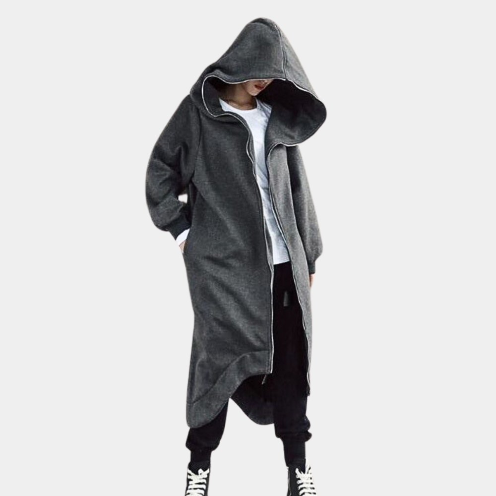 Oversize Damenmantel mit Kapuze und Reißverschluss