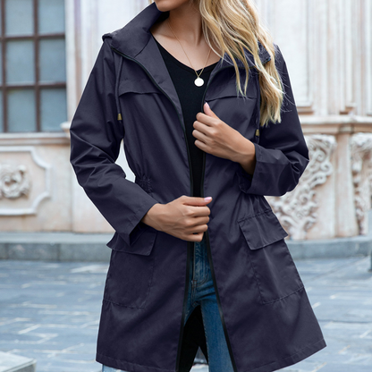 lange blauwe trenchcoat voor dames