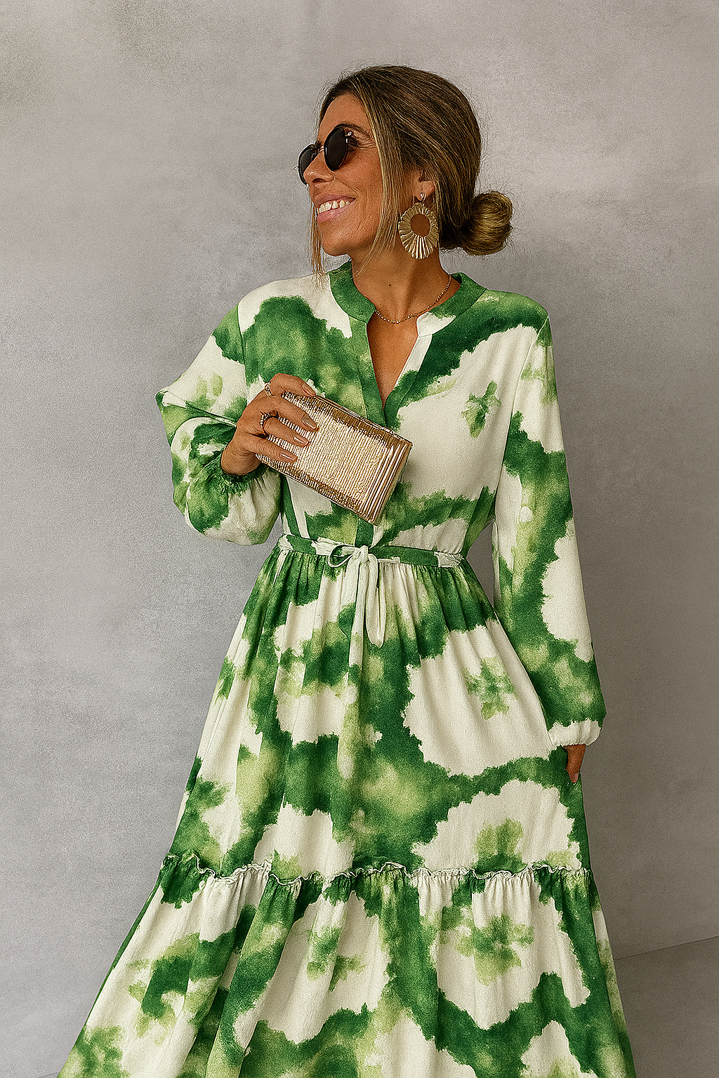 Damen Maxikleid mit langen Ärmeln und V-Ausschnitt