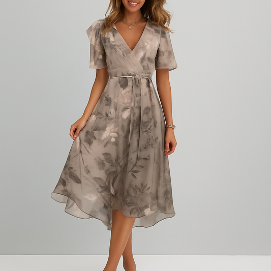 Elegantes bedrucktes Kleid mit tiefem V-Ausschnitt