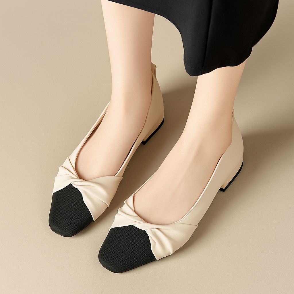 Damenschuhe aus weichem Leder mit niedrigem Absatz und spitzer Spitze