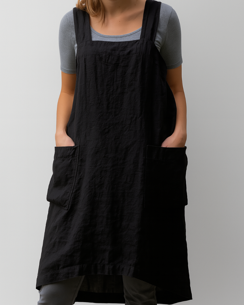 Damen-Kleid im Schürzenstil aus Baumwoll-Leinen mit Taschen