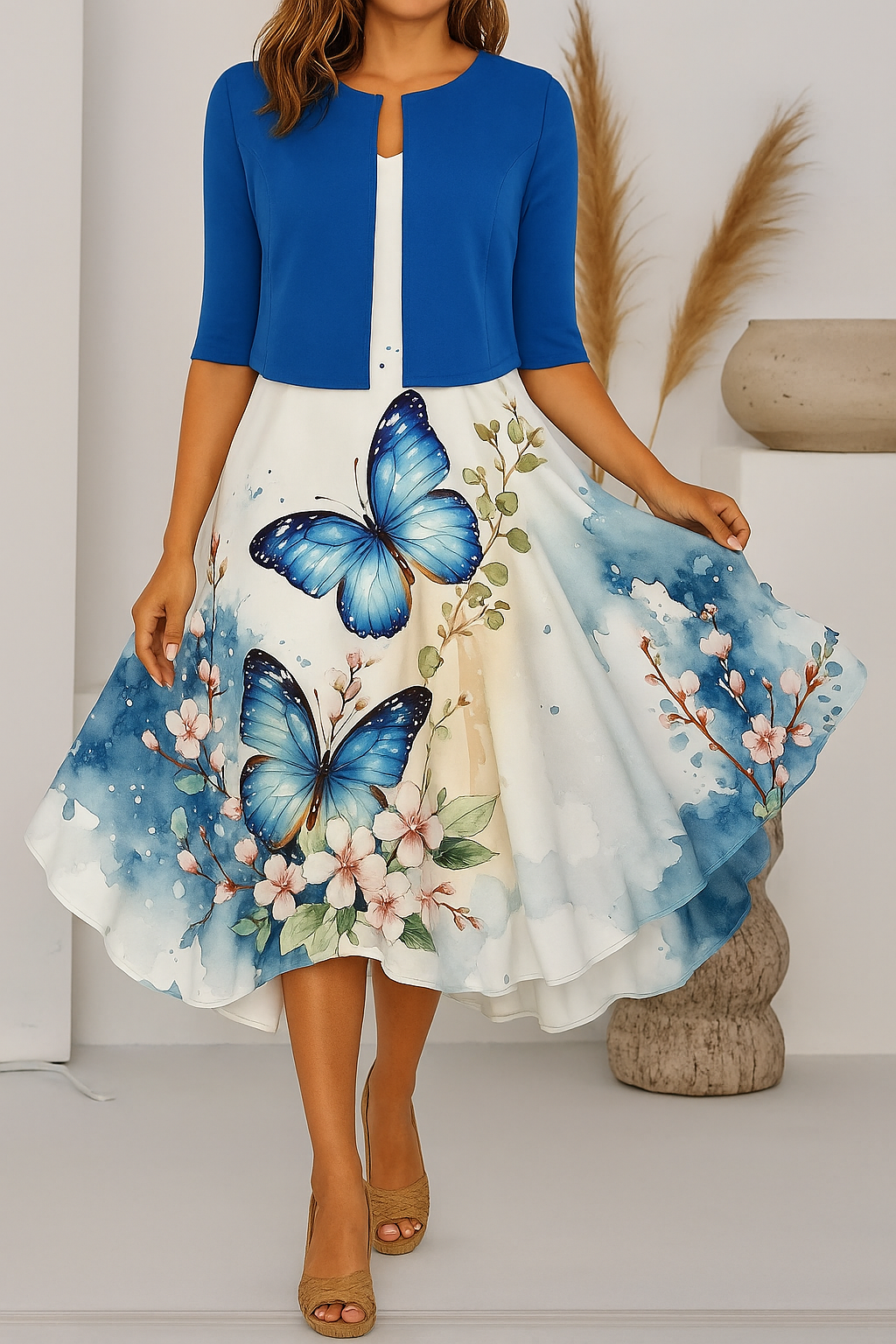 Elegantes Maxikleid mit Rüschenärmeln und Taillengürtel