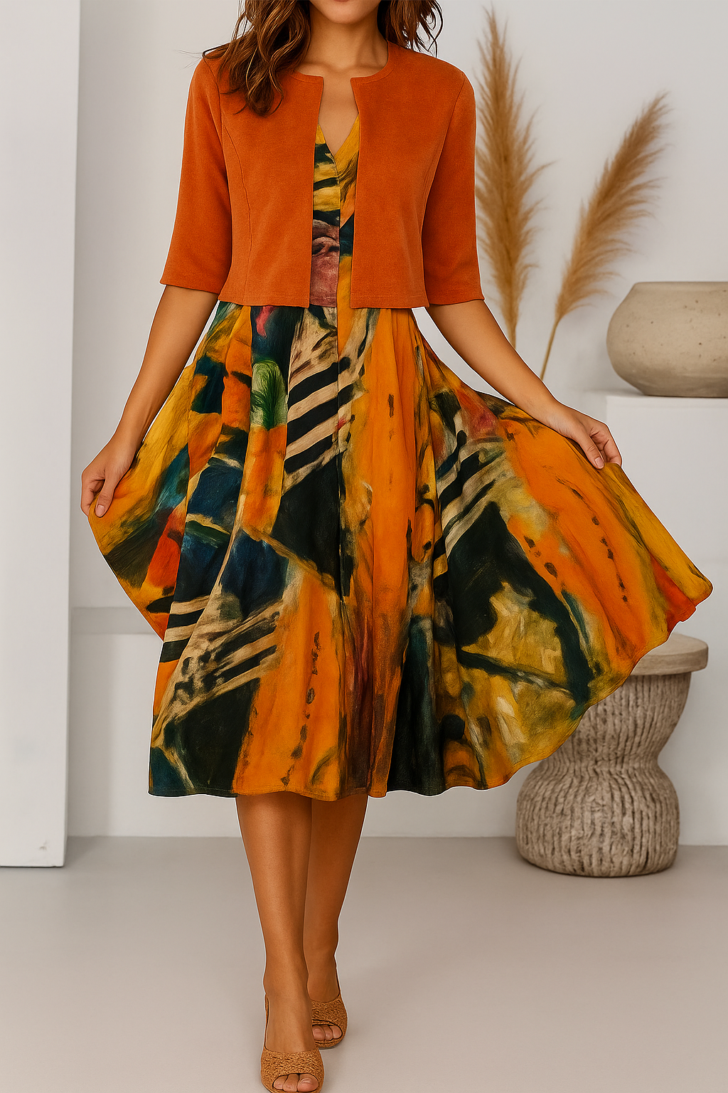 Elegantes Maxikleid mit Rüschenärmeln und Taillengürtel