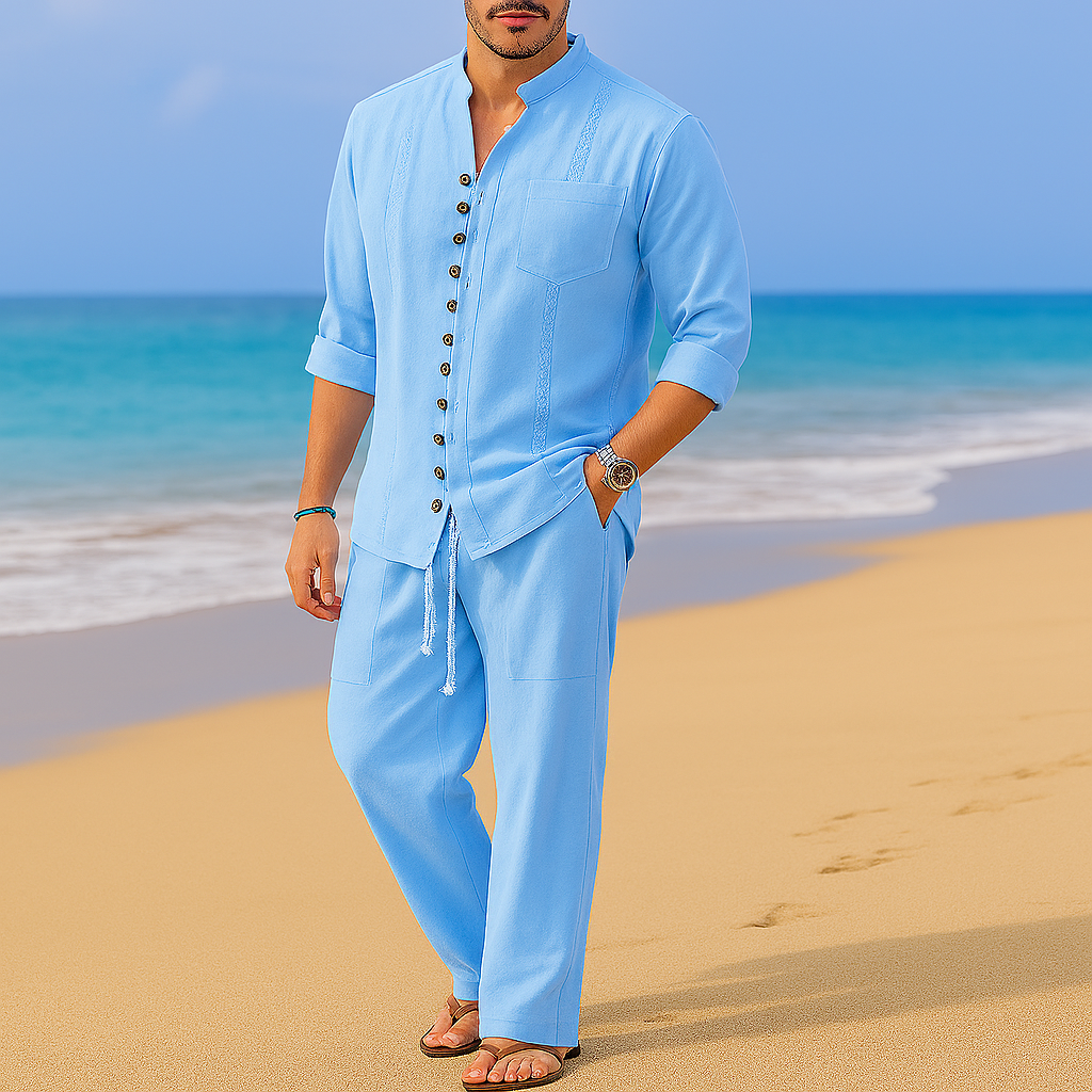 Herren Vintage Pulloverhemd aus Baumwoll-Leinen-Mischgewebe