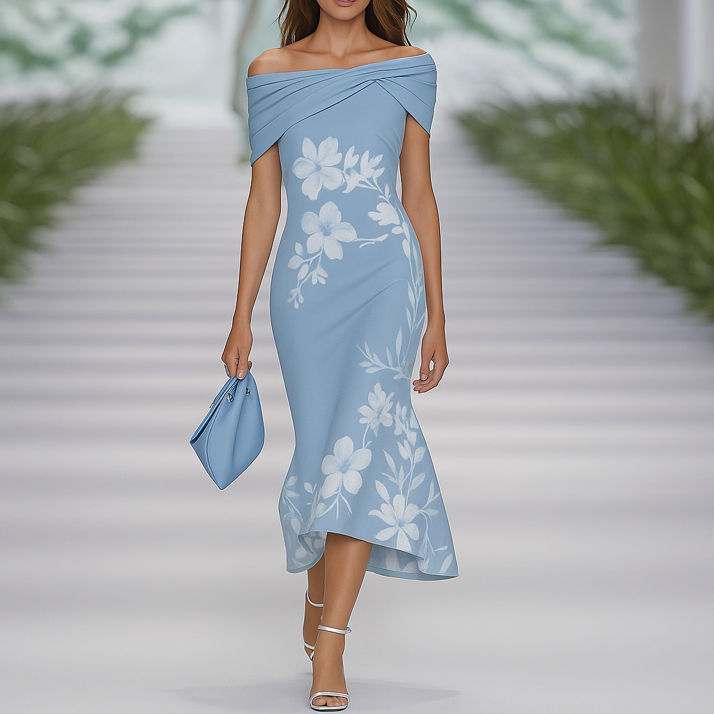 Schulterfreies, drapiertes Blumenkleid