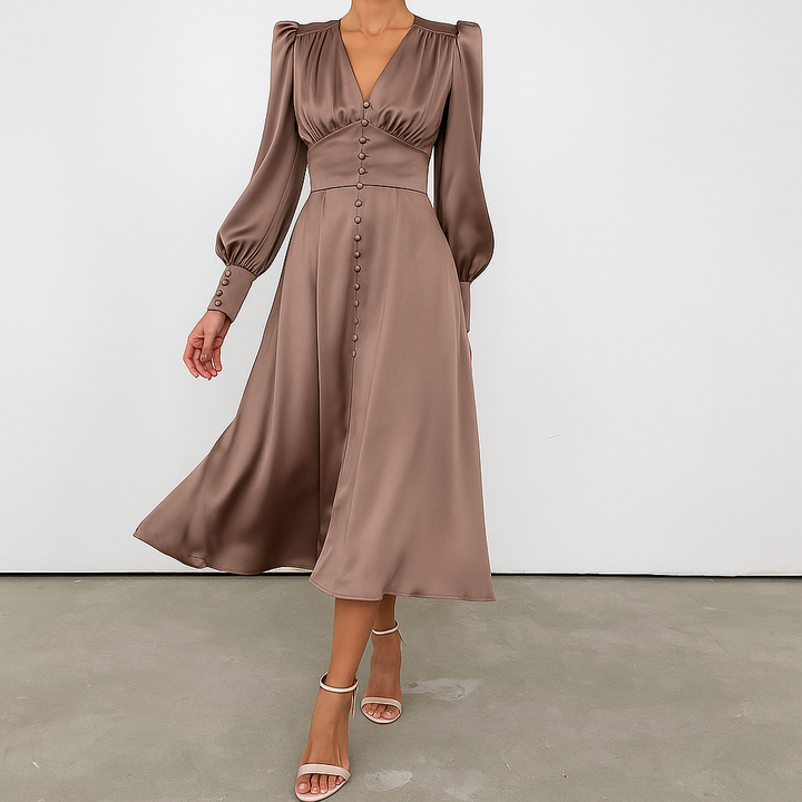 Seidiges Midikleid mit Puffärmeln und V-Ausschnitt