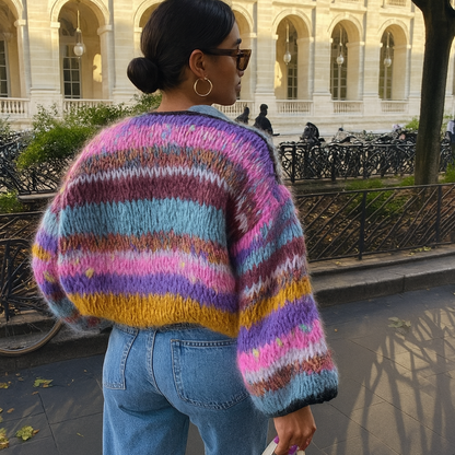 Damen-Strickjacke mit Streifen und offenem Vorderteil