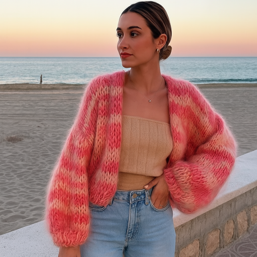 Damen-Strickjacke mit Streifen und offenem Vorderteil