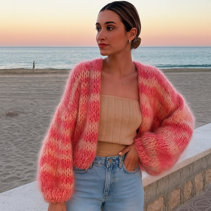 Damen-Strickjacke mit Streifen und offenem Vorderteil