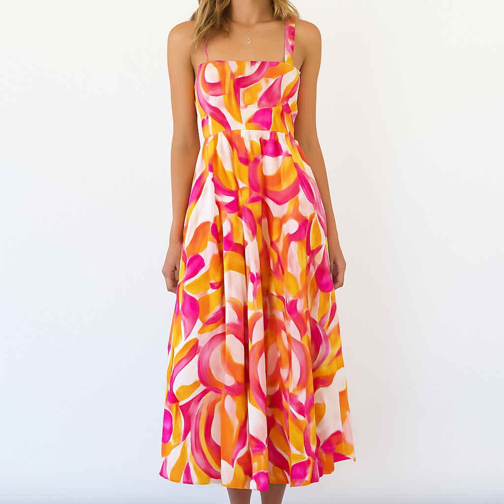 Fließendes Spaghettiträgerkleid mit Vintage-Print