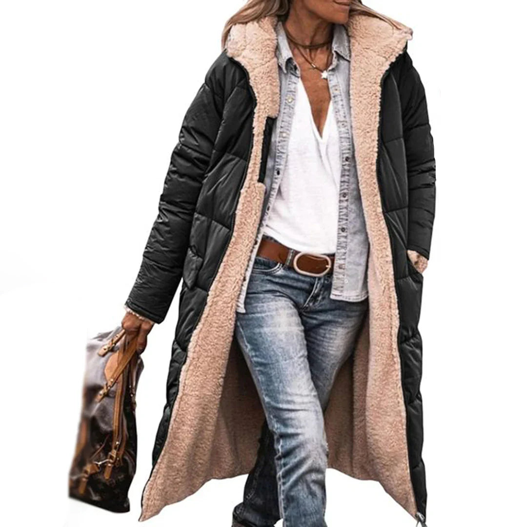 Lange, warme Damen-Winterjacke mit Wendefunktion