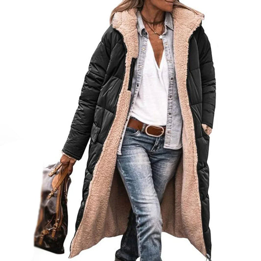 Lange, warme Damen-Winterjacke mit Wendefunktion