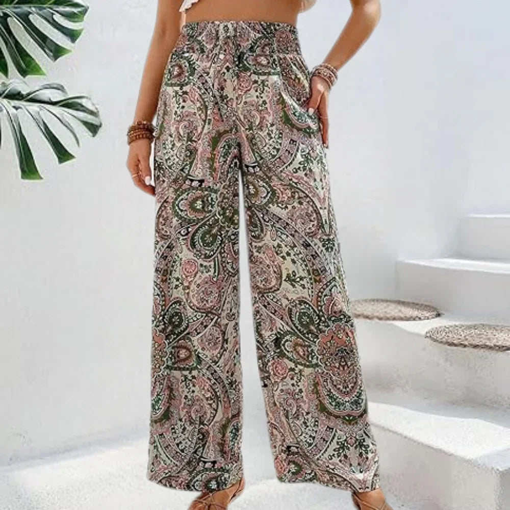 Boho Weite Damenhose mit Schrägtaschen und Paisley-Print