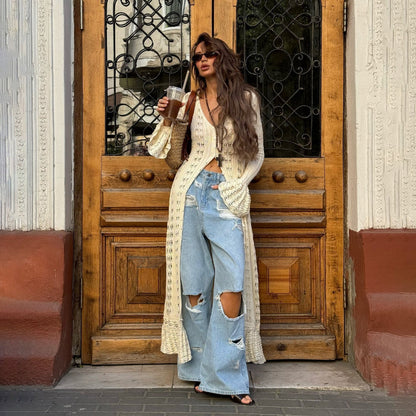 Lange Strickjacke mit hohlen, ausgestellten Ärmeln für Damen