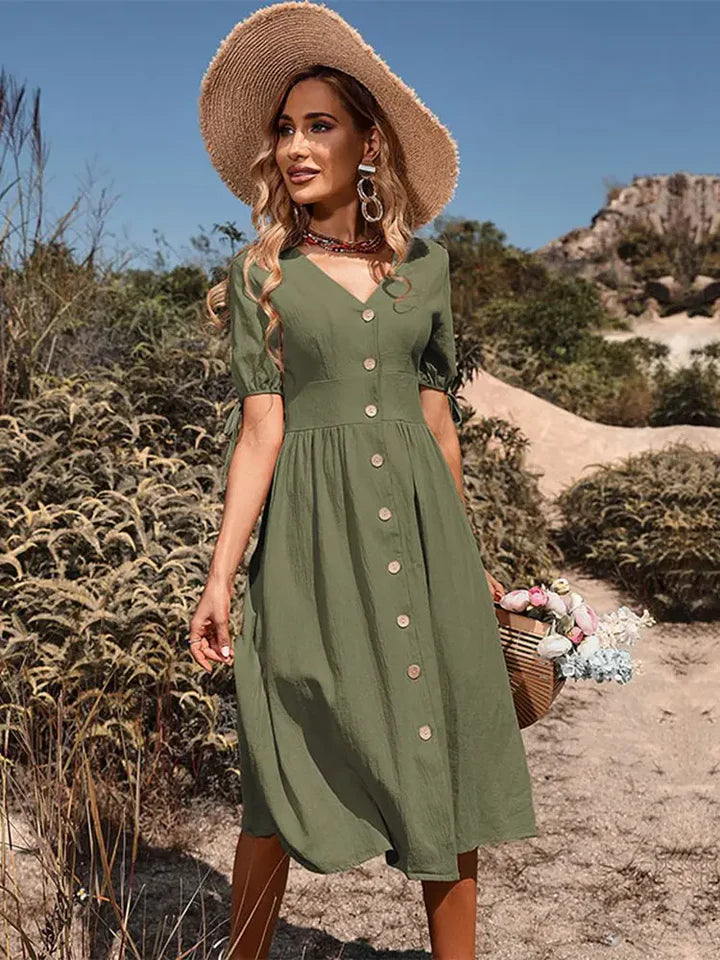 Leichtes Baumwollkleid mit V-Ausschnitt für Frühling und Sommer