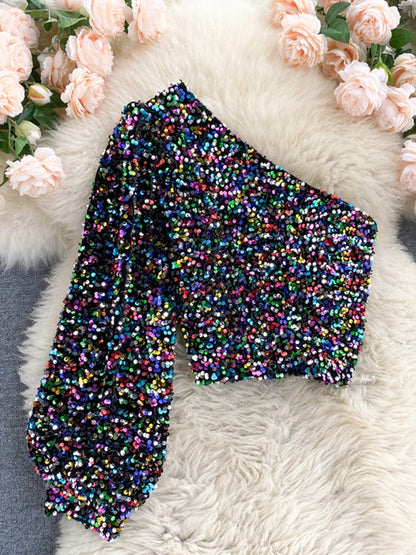 Fleur Glitter One Shoulder Top Farromode afbeelding 9