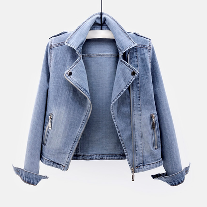 Damen-Denim-Jacke mit Asymmetrischem Reißverschluss und Stehkragen