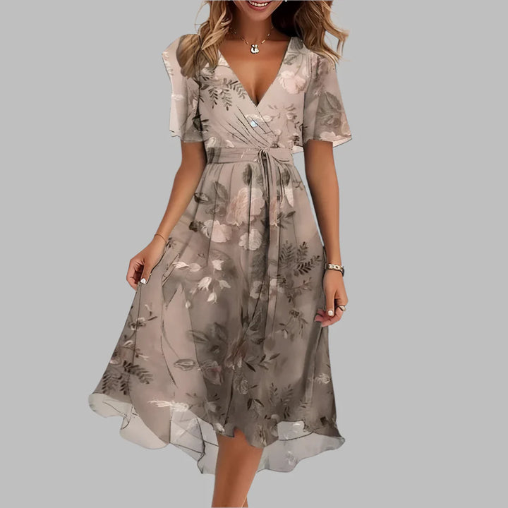 Damen stilvolles Midikleid mit gerafftem Blumenmuster
