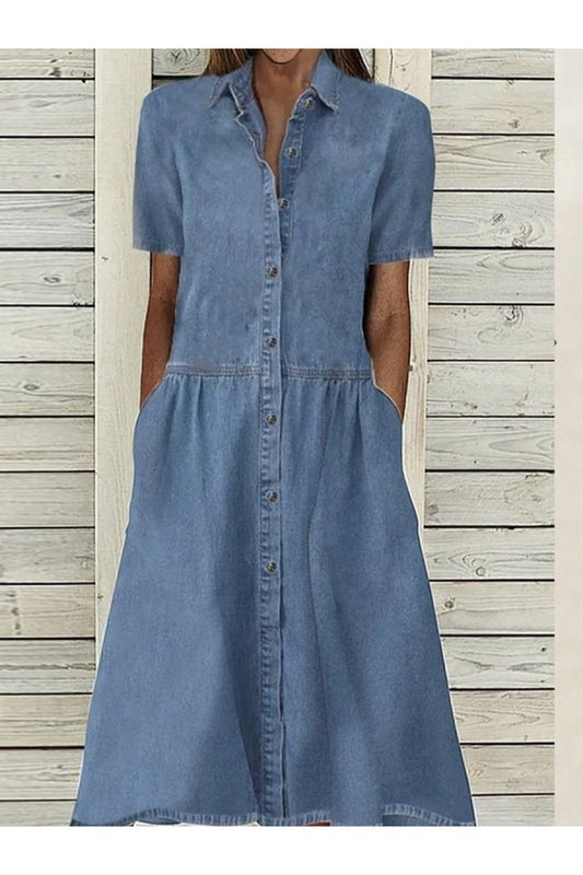 Denim-Midikleid mit Knopfleiste und kurzen Ärmeln