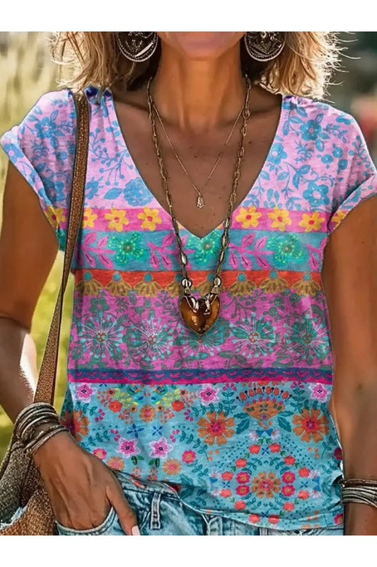 Blumenprint-T-Shirt mit V-Ausschnitt und kurzen Ärmeln