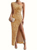 Elegantes One-Shoulder Maxikleid mit Schlitz und Pailletten