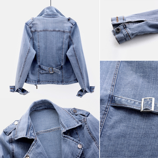 Damen-Denim-Jacke mit Asymmetrischem Reißverschluss und Stehkragen