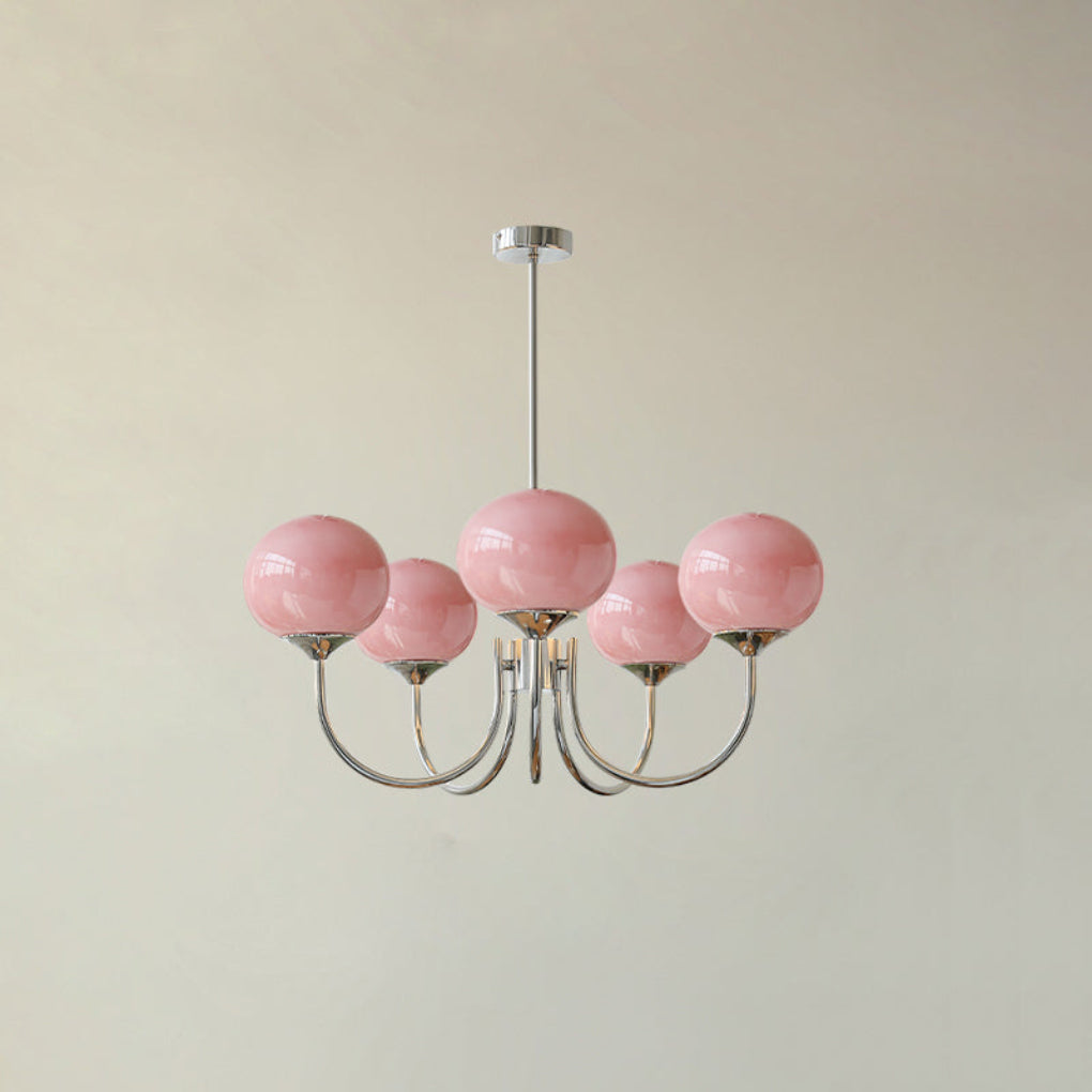 Modern pink and gold chandelier with elegant glass shades, ideal ceiling light fixture for chic home decor and illumination.