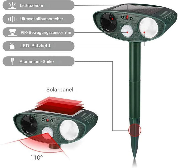 Bewegungsaktivierter solarbetriebener Ultraschall-Tierabwehr
